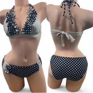 Betsey Johnson Black and White Polka Dot Bikini Retro Vtg Ruffles Flower M